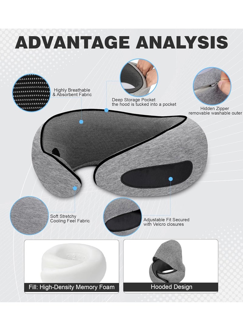 Portable Travel Neck Pillow with Foldable Hood, 360° Ergonomic Support, Windproof Design, Memory Foam, Eye Mask & Ear Plugs, Washable Cover – Light Grey - Image 2